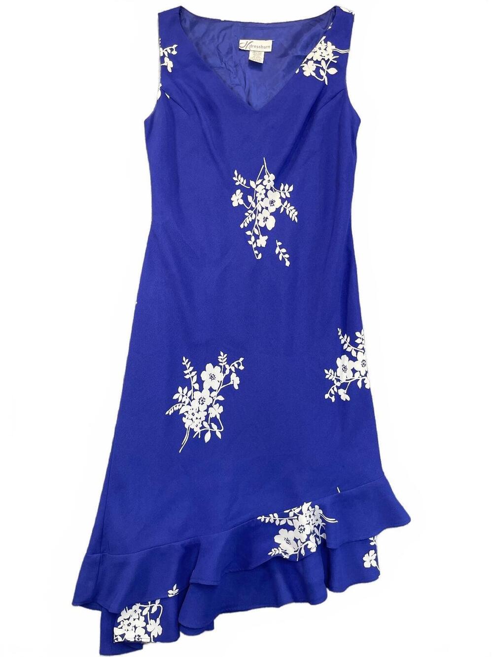 Dressbarn Royal Blue Floral Sleeveless Dress Asymmetrical Ruffle Hem
